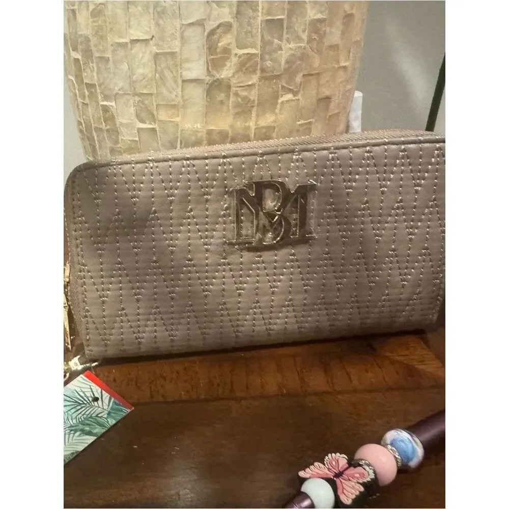 Badgley Mischka Quilted Metallic Taupe Logo Zip Wallet
